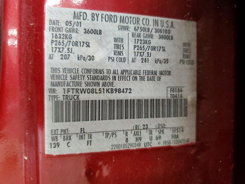 Продажа на аукционе авто 2001 Ford F150, vin: 1FTRW08L51KB98472, номер лота: 59874306