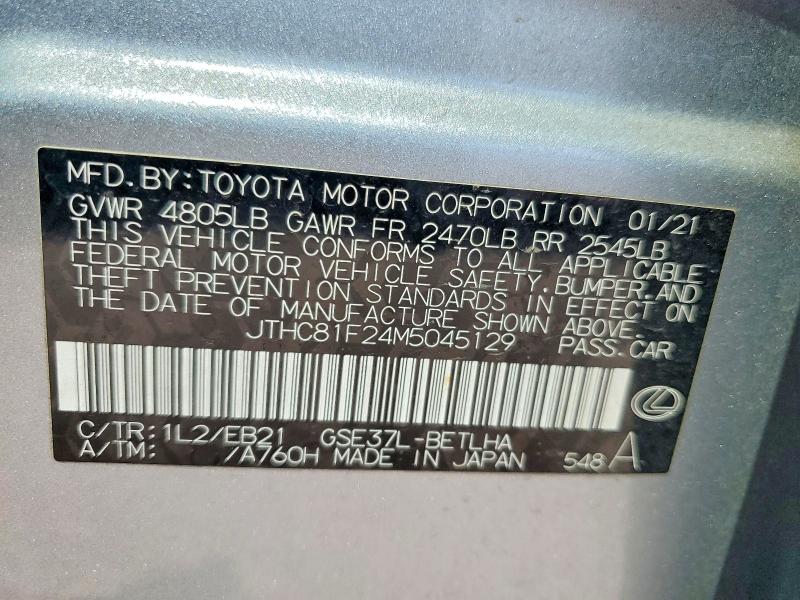 61919566 :رقم المزاد ، JTHC81F24M5045129 vin ، 2021 Lexus Is مزاد بيع