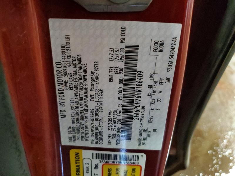 60224376 :رقم المزاد ، 3FA6P0H76HR186409 vin ، 2017 Ford Fusion مزاد بيع