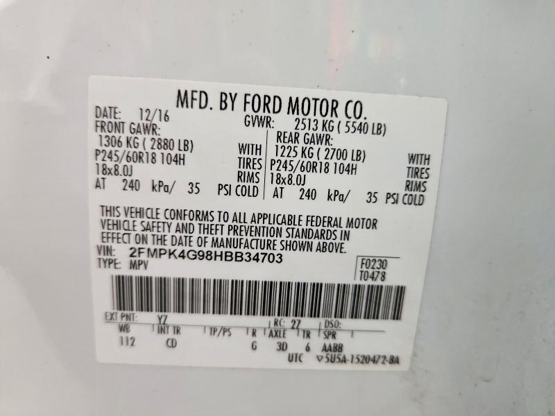 61784576 :رقم المزاد ، 2FMPK4G98HBB34703 vin ، 2017 Ford Edge مزاد بيع