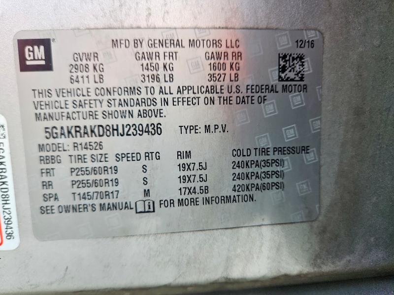 2017 Buick Enclave მანქანა იყიდება აუქციონზე, vin: 5GAKRAKD8HJ239436, აუქციონის ნომერი: 59950216