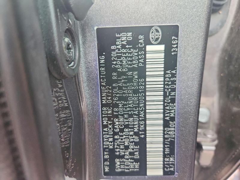 2022 Toyota Camry მანქანა იყიდება აუქციონზე, vin: 4T1K61AK5NU051826, აუქციონის ნომერი: 61049676