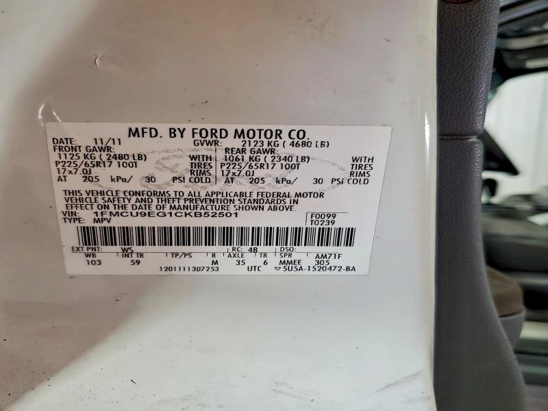 2012 Ford Escape მანქანა იყიდება აუქციონზე, vin: 1FMCU9EG1CKB52501, აუქციონის ნომერი: 62018796