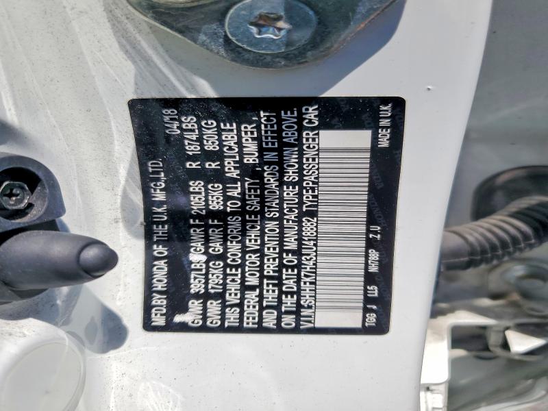 Продаж на аукціоні авто 2018 Honda Civic, vin: SHHFK7H43JU418882, номер лоту: 61170046