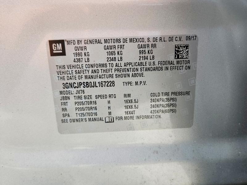 Auction sale of the 2018 Chevrolet Trax, vin: 3GNCJPSB0JL167228, lot number: 62644416