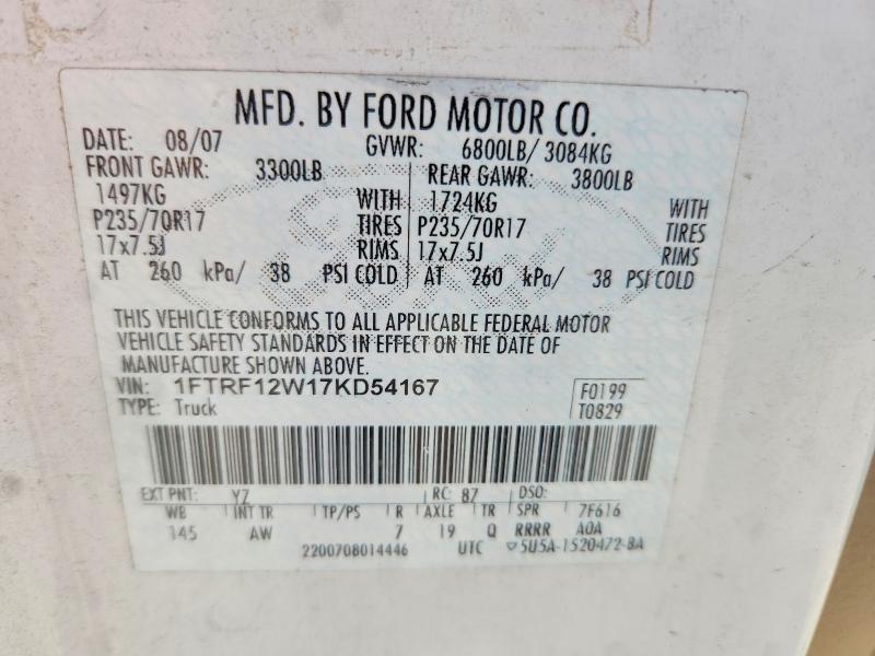 Aukcja sprzedaży 2007 Ford F150, vin: 1FTRF12W17KD54167, numer aukcji: 62677536