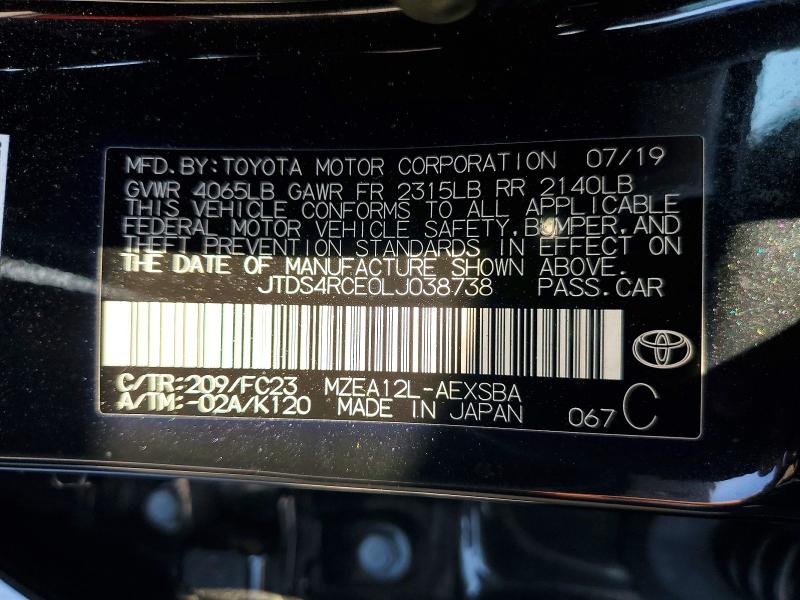 2020 Toyota Corolla მანქანა იყიდება აუქციონზე, vin: JTDS4RCE0LJ038738, აუქციონის ნომერი: 59705936