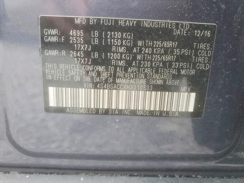 2017 Subaru Outback მანქანა იყიდება აუქციონზე, vin: 4S4BSACCXH3310533, აუქციონის ნომერი: 60321646