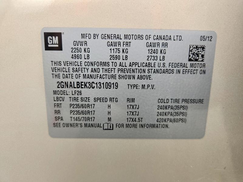 Продажа на аукционе авто 2012 Chevrolet Equinox, vin: 2GNALBEK3C1310919, номер лота: 60884486
