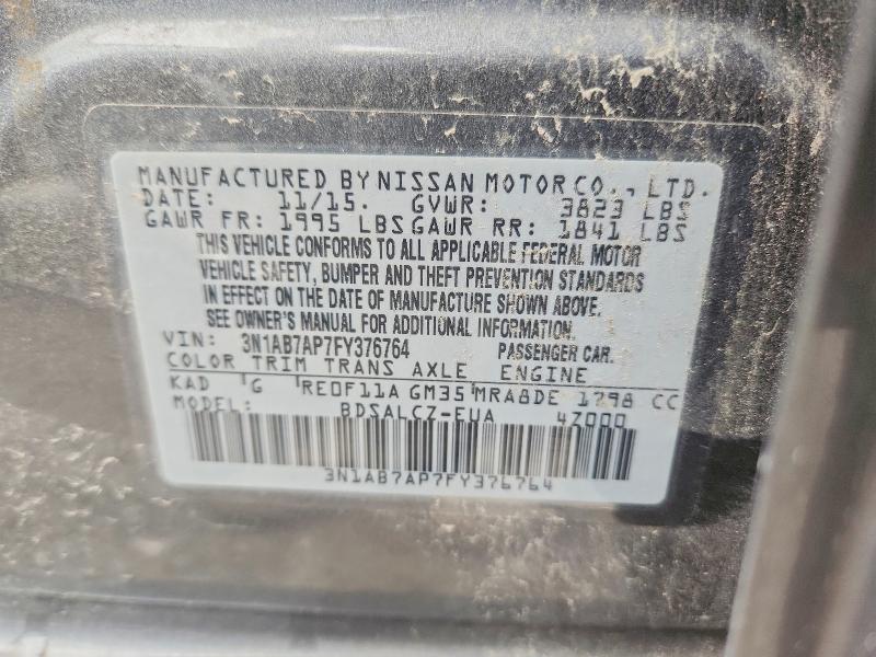 2015 Nissan Sentra მანქანა იყიდება აუქციონზე, vin: 3N1AB7AP7FY376764, აუქციონის ნომერი: 61036366