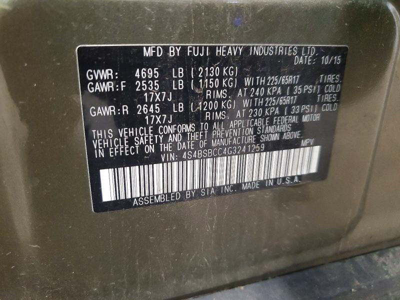 2016 Subaru Outback მანქანა იყიდება აუქციონზე, vin: 4S4BSBCC4G3241259, აუქციონის ნომერი: 60048926