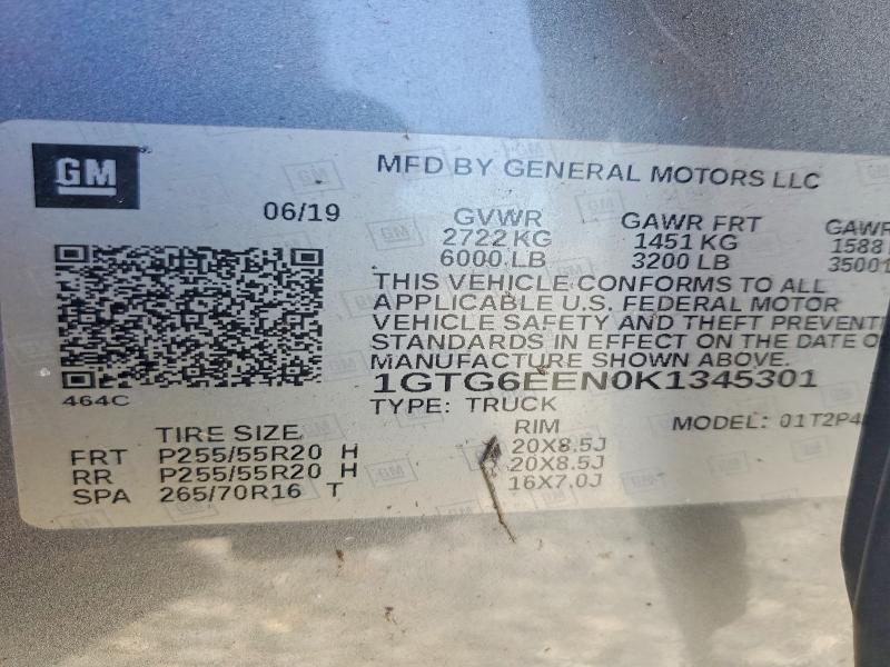 62081026 :رقم المزاد ، 1GTG6EEN0K1345301 vin ، 2019 Gmc Canyon مزاد بيع