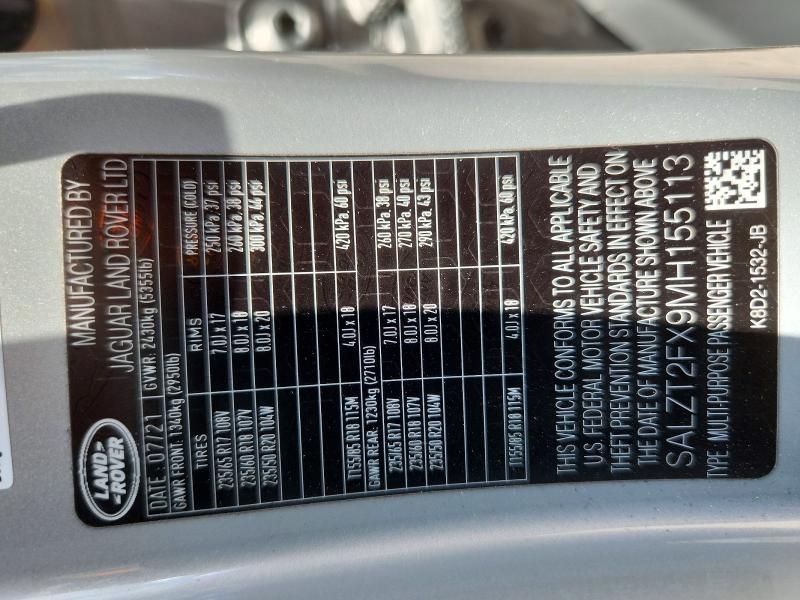 Продаж на аукціоні авто 2021 Land Rover Range Rover Evoque, vin: SALZT2FX9MH155113, номер лоту: 59953796