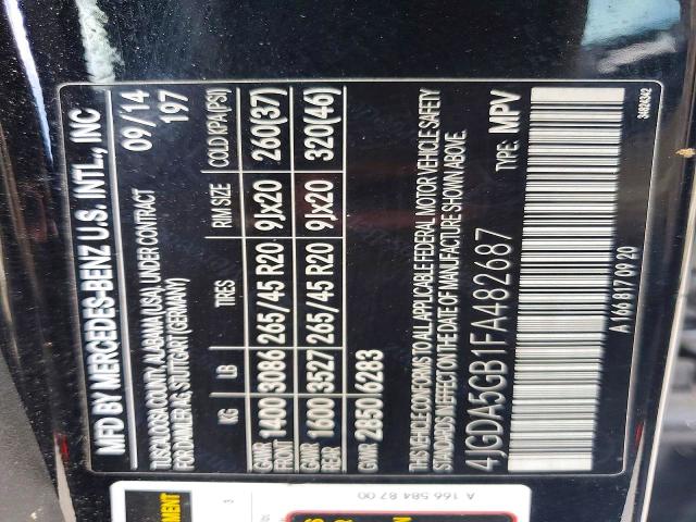 62420766 :رقم المزاد ، 4JGDA5GB1FA482687 vin ، 2015 Mercedes-benz Ml مزاد بيع