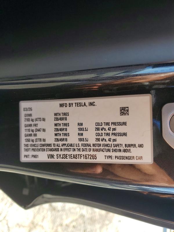 60077996 :رقم المزاد ، 5YJ3E1EA8TF167265 vin ، 2026 Tesla Model 3 مزاد بيع