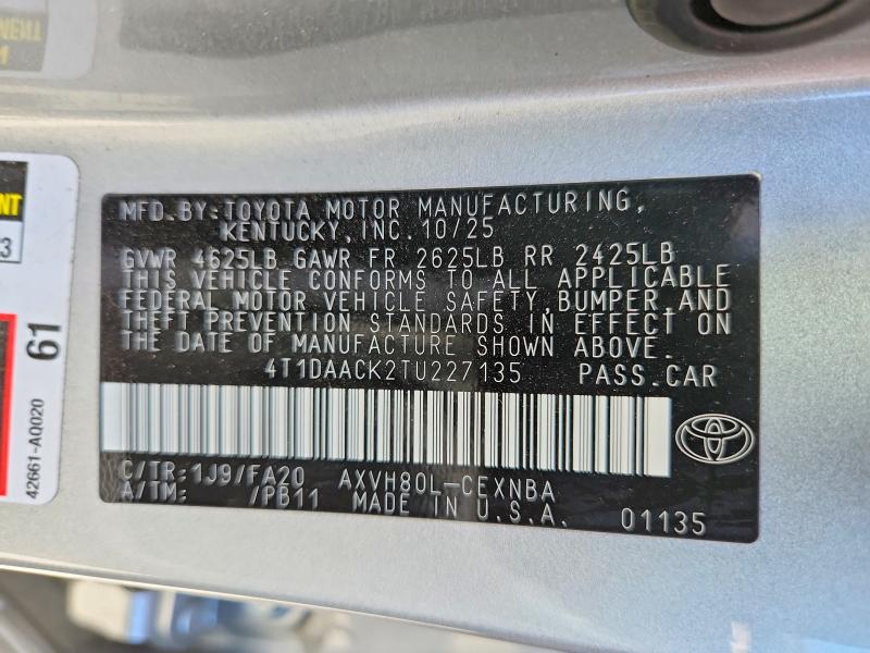 2026 Toyota Camry მანქანა იყიდება აუქციონზე, vin: 4T1DAACK2TU227135, აუქციონის ნომერი: 60682586