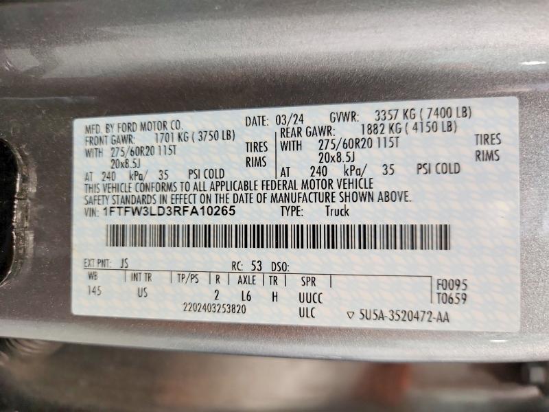 Продаж на аукціоні авто 2024 Ford F150, vin: 1FTFW3LD3RFA10265, номер лоту: 59405566