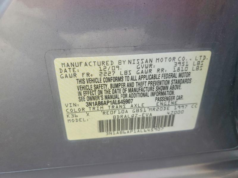 60950506 :رقم المزاد ، 3N1AB6AP1AL645907 vin ، 2010 Nissan Sentra مزاد بيع