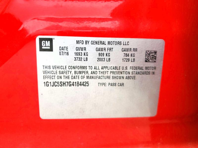 Продажа на аукционе авто 2016 Chevrolet Sonic, vin: 1G1JC5SH7G4184425, номер лота: 61980426