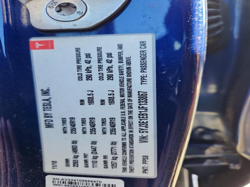 2018 Tesla Model 3 მანქანა იყიდება აუქციონზე, vin: 5YJ3E1EB1JF133867, აუქციონის ნომერი: 63503926