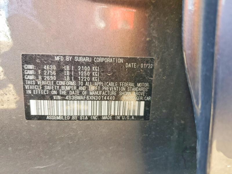 2022 Subaru Legacy მანქანა იყიდება აუქციონზე, vin: 4S3BWAF6XN3014440, აუქციონის ნომერი: 60586106