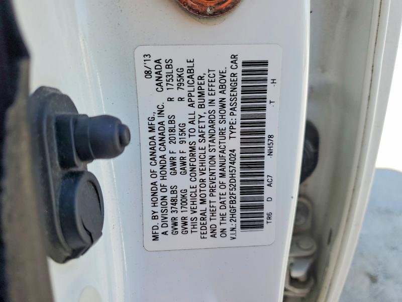 Продаж на аукціоні авто 2013 Honda Civic, vin: 2HGFB2F52DH574024, номер лоту: 63377226