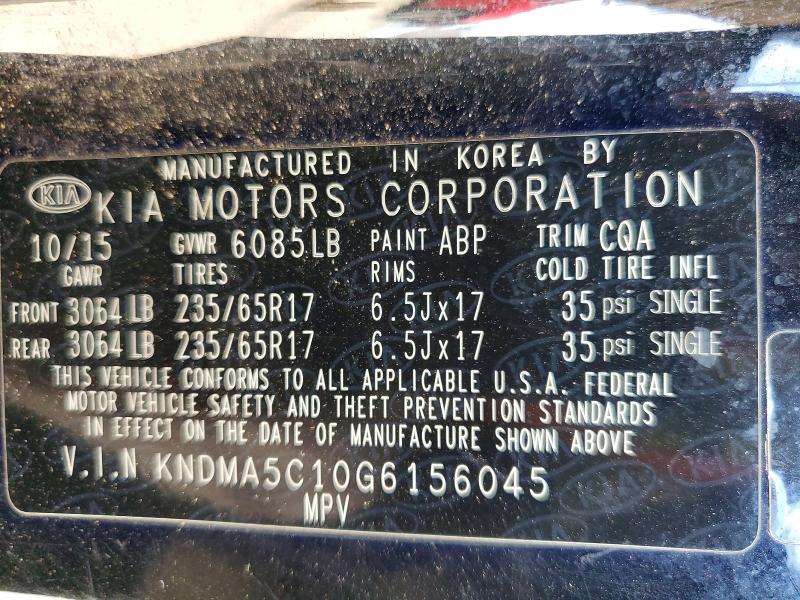 61188836 :رقم المزاد ، KNDMA5C10G6156045 vin ، 2016 Kia Sedona مزاد بيع