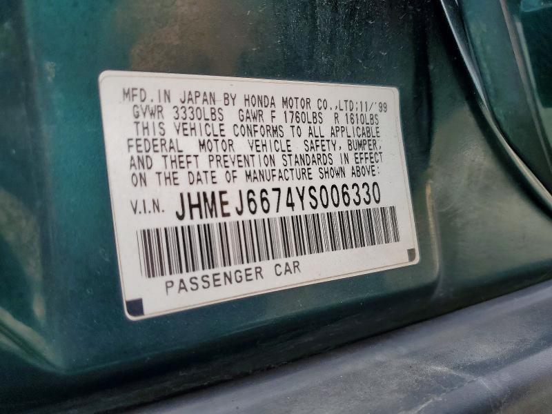 Продаж на аукціоні авто 2000 Honda Civic, vin: JHMEJ6674YS006330, номер лоту: 58564496