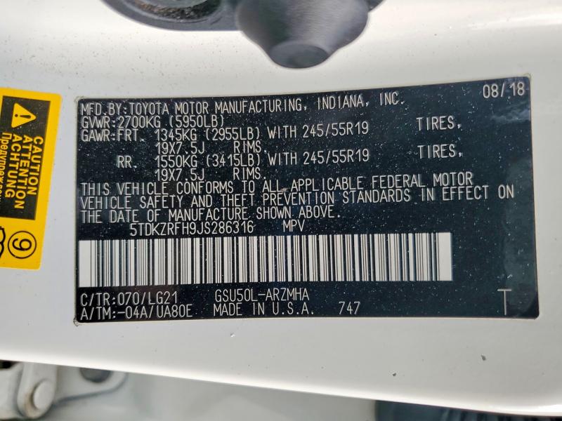 Продаж на аукціоні авто 2018 Toyota Highlander, vin: 5TDKZRFH9JS286316, номер лоту: 61899636