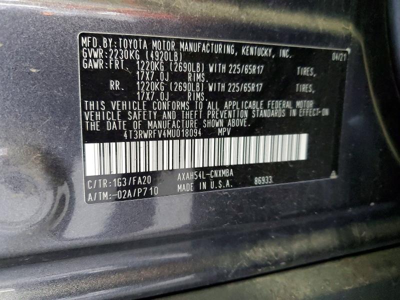 2021 Toyota Rav4 მანქანა იყიდება აუქციონზე, vin: 4T3RWRFV4MU018094, აუქციონის ნომერი: 59699556