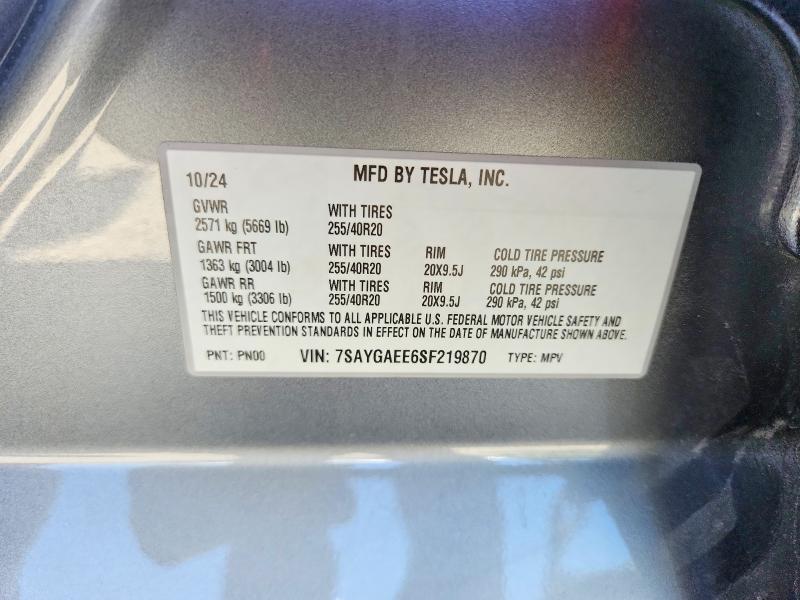 Продаж на аукціоні авто 2025 Tesla Model Y, vin: 7SAYGAEE6SF219870, номер лоту: 60609296