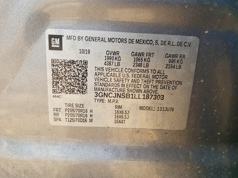 59013966 :رقم المزاد ، 3GNCJNSB1LL187303 vin ، 2020 Chevrolet Trax مزاد بيع