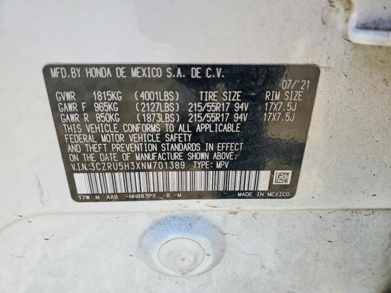 Продаж на аукціоні авто 2022 Honda Hr-v, vin: 3CZRU5H3XNM701389, номер лоту: 62768796