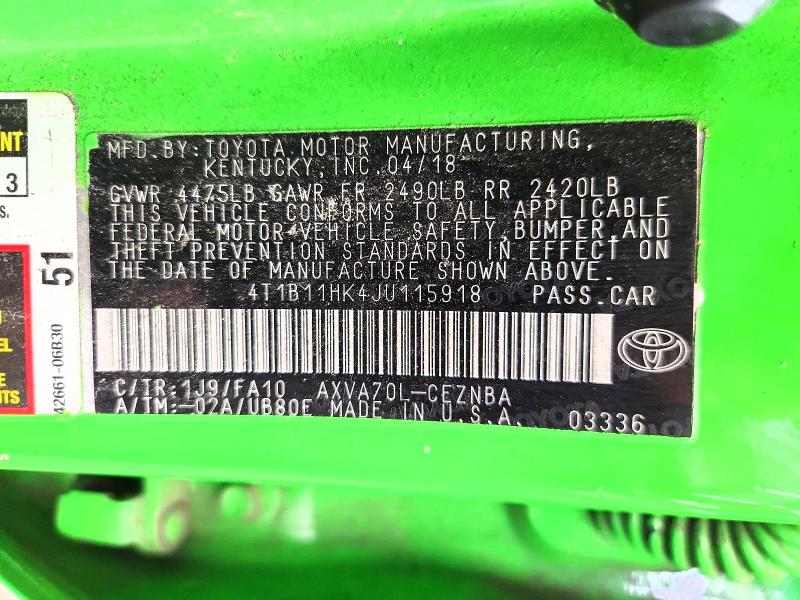 Продаж на аукціоні авто 2018 Toyota Camry, vin: 4T1B11HK4JU115918, номер лоту: 62461786