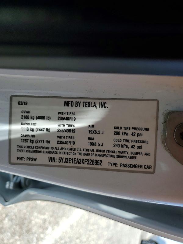 2019 Tesla Model 3 მანქანა იყიდება აუქციონზე, vin: 5YJ3E1EA3KF326952, აუქციონის ნომერი: 59298876