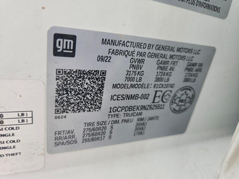 57078456 :رقم المزاد ، 1GCPDBEK9NZ625511 vin ، 2022 Chevrolet Silverado مزاد بيع