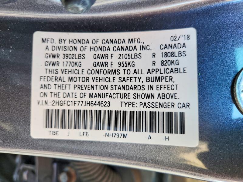 Aukcja sprzedaży 2018 Honda Civic, vin: 2HGFC1F77JH644623, numer aukcji: 60128666