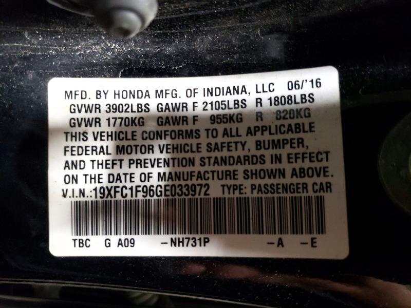 2016 Honda Civic მანქანა იყიდება აუქციონზე, vin: 19XFC1F96GE033972, აუქციონის ნომერი: 62674386