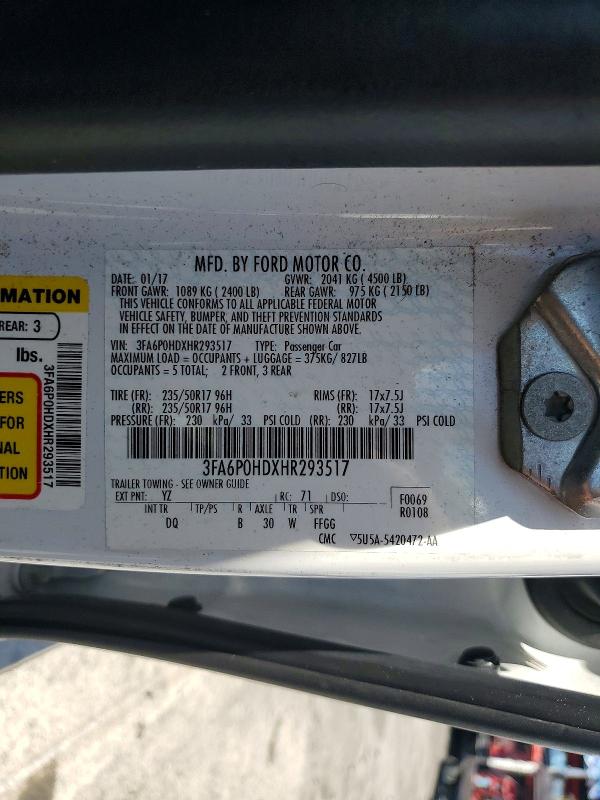 Продажа на аукционе авто 2017 Ford Fusion, vin: 3FA6P0HDXHR293517, номер лота: 60003776