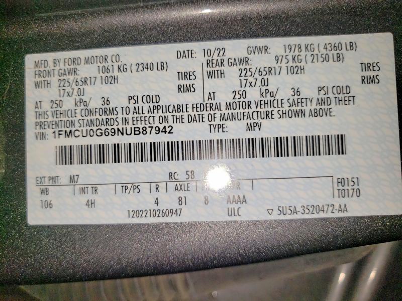 Продаж на аукціоні авто 2022 Ford Escape, vin: 1FMCU0G69NUB87942, номер лоту: 60256026