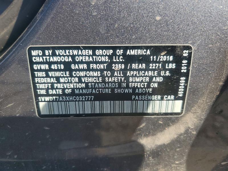 Продаж на аукціоні авто 2017 Volkswagen Passat, vin: 1VWDT7A3XHC032777, номер лоту: 60443096