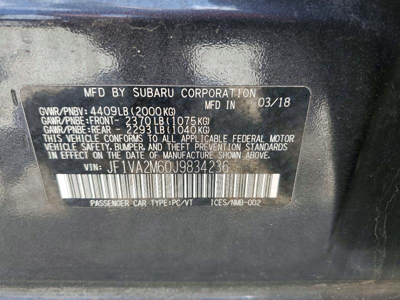 2018 Subaru Wrx მანქანა იყიდება აუქციონზე, vin: JF1VA2M60J9834236, აუქციონის ნომერი: 61929316