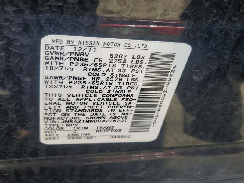 Aukcja sprzedaży 2012 Nissan Murano, vin: JN8AZ1MW8CW216201, numer aukcji: 62498566