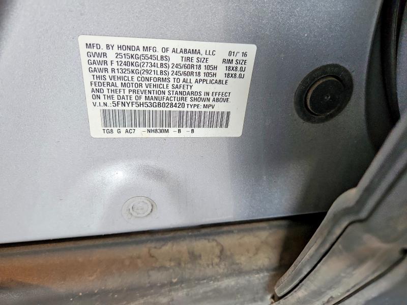 2016 Honda Pilot მანქანა იყიდება აუქციონზე, vin: 5FNYF5H53GB028420, აუქციონის ნომერი: 61224976