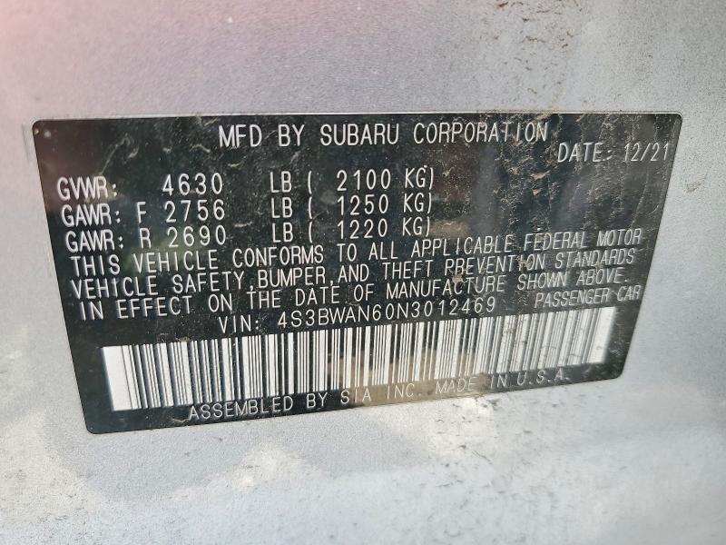 60247586 :رقم المزاد ، 4S3BWAN60N3012469 vin ، 2022 Subaru Legacy مزاد بيع