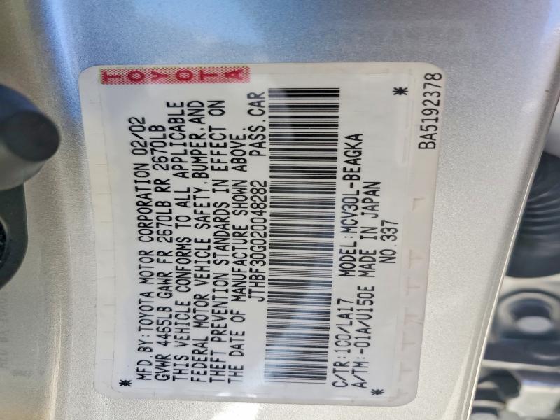 Aukcja sprzedaży 2002 Lexus Es, vin: JTHBF30G020048282, numer aukcji: 59382786