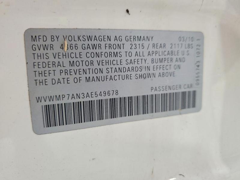 62962706 :رقم المزاد ، WVWMP7AN3AE549678 vin ، 2010 Volkswagen Cc مزاد بيع