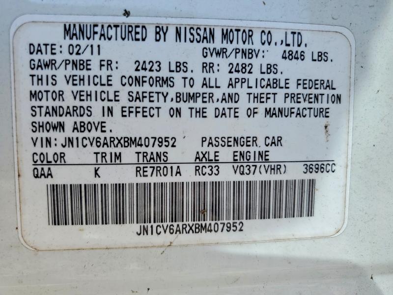 60822956 :رقم المزاد ، JN1CV6ARXBM407952 vin ، 2011 Infiniti G37 مزاد بيع