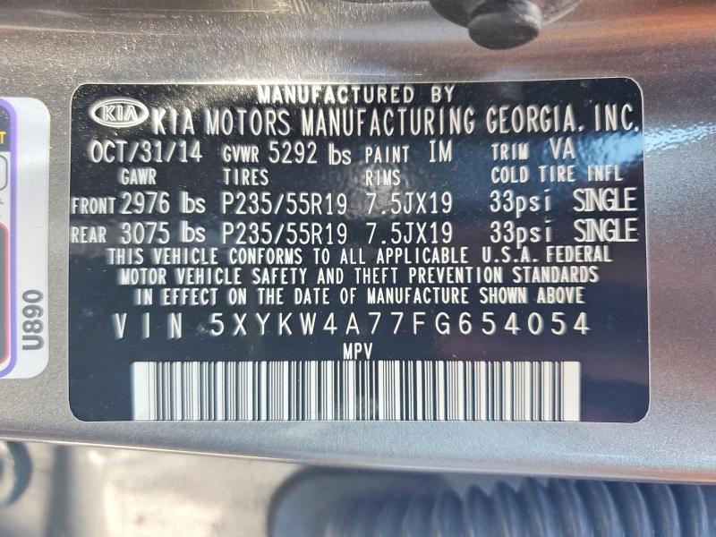 2015 Kia Sorento მანქანა იყიდება აუქციონზე, vin: 5XYKW4A77FG654054, აუქციონის ნომერი: 62869226