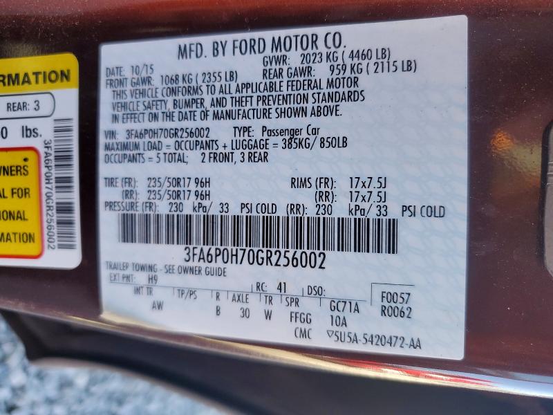 Auction sale of the 2016 Ford Fusion, vin: 3FA6P0H70GR256002, lot number: 60148996